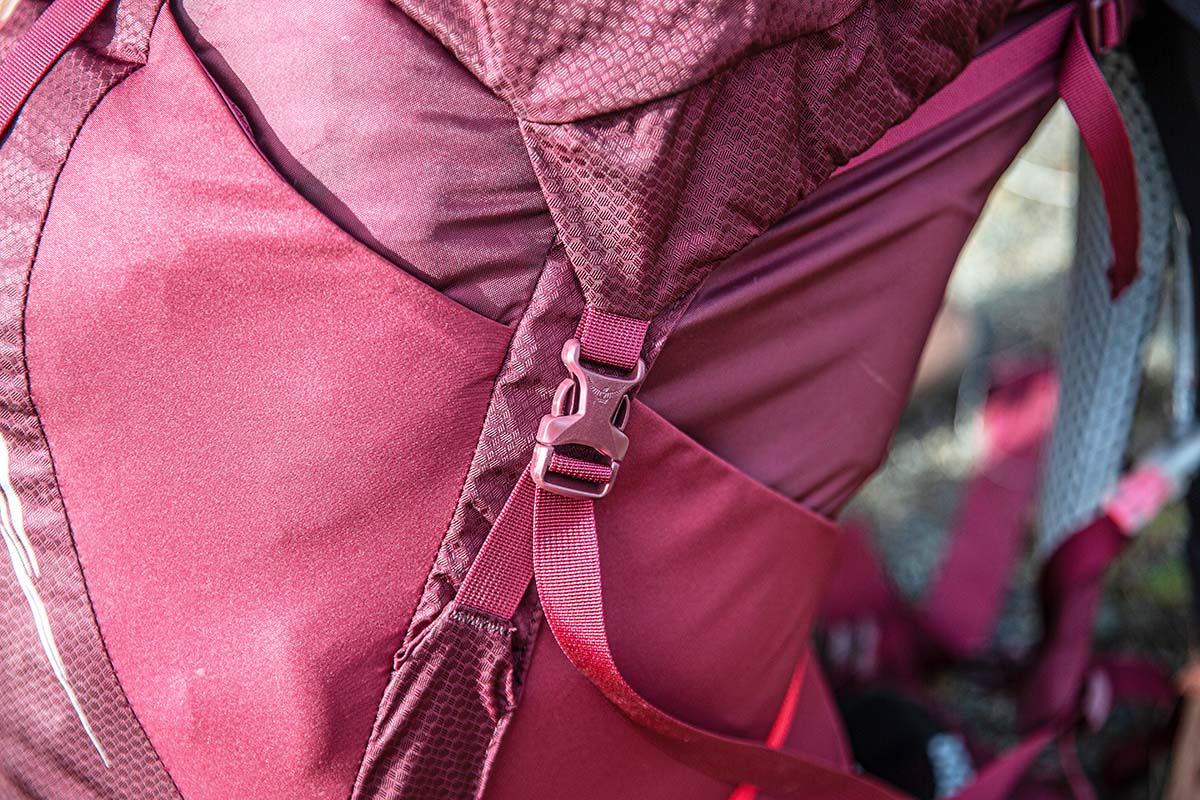 Streamlined buckles and webbing on Osprey Aura AG LT 65 women's backpacking pack